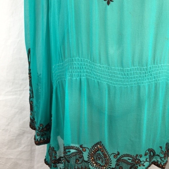 Cache 100% Silk Blue & Brown Sheer Embellished Embroidered Peasant Top S - Picture 6 of 8